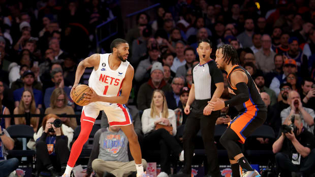 Mar 1, 2023; New York, New York, USA; Brooklyn Nets forward Mikal Bridges (1) controls the ball against New York Knicks guard Jalen Brunson (11) during the third quarter at Madison Square Garden. Mandatory Credit: Brad Penner-USA TODAY Sports